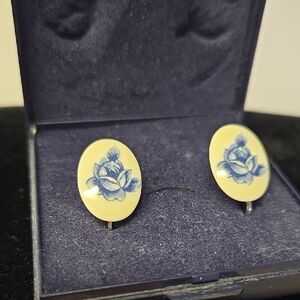 Vtg Dansk Porcelain Blue Floral Clip Earrings